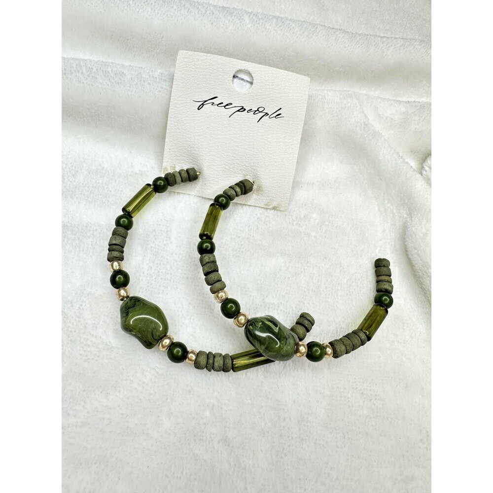 NEW Free People Bom Bom Island Beaded Bohemian Half Hoops in Green Beach Stone